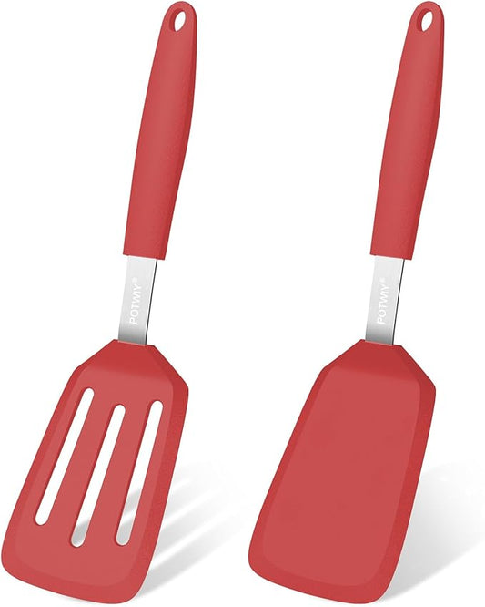 2 Pack Silicone Spatula Set, 600°F Heat Resistant Kitchen Spatula, BPA Free Solid & Slotted Turner, Flexible Cooking Utensils for Non Stick Frying Pan, Flipper for Eggs and Pancakes (Red)