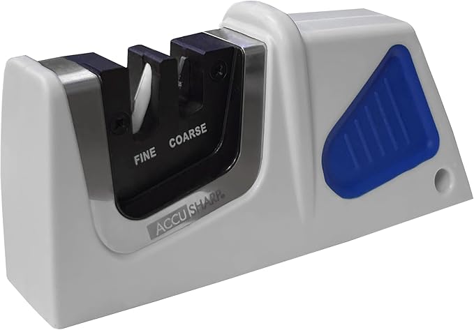 AccuSharp Compact Pull-Through 2-Stage Knife Sharpener, Repairs & Restores Kitchen Knives, Hunting Knives, Straight or Serrated Blades, Diamond-Honed Tungsten Carbide, Fine Ceramic Rods, White/Blue