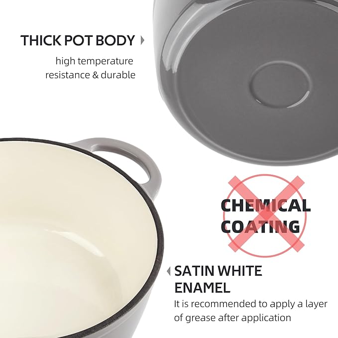 4 Quart Dutch Oven Enameled Cast Iron with Lid - Big Dual Handles - Oven Safe up to 500°F - Classic Round Pot for Versatile Cooking Light Gray