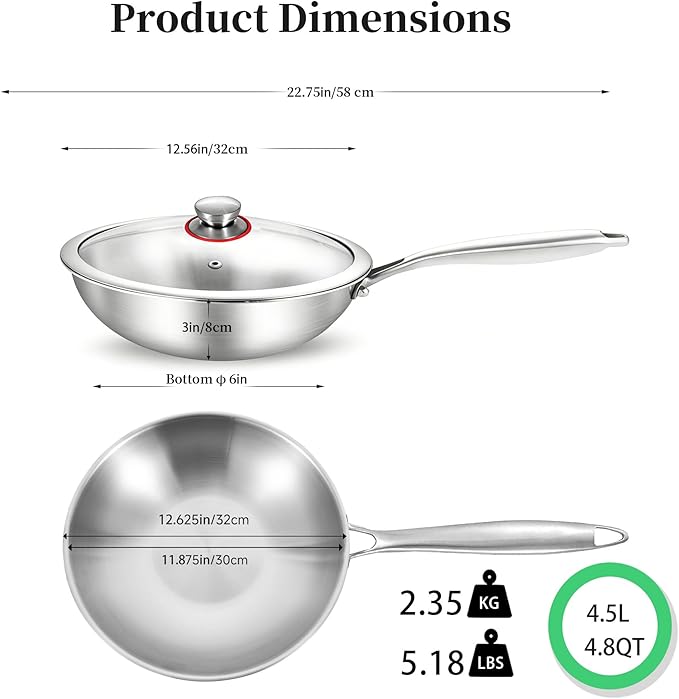 LOLYKITCH 12.5 Inch Tri-Ply Stainless Steel Wok Pan with Lid,Induction Stir-Fry Pan,Dishwasher and Oven Safe,Heavy Duty and Detachable Handle