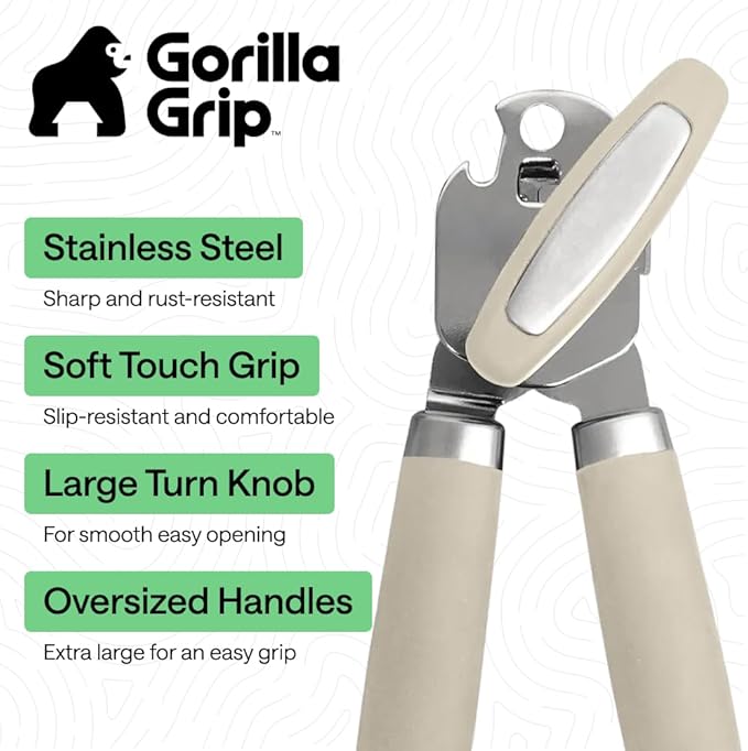 GORILLA GRIP Heavy Duty Stainless Steel Smooth Edge Manual Can Opener and Bottle Openers, Soft Comfortable Handle, Oversized Handheld Turn Knob, US Designed Multifunctional Kitchen Tool, Almond