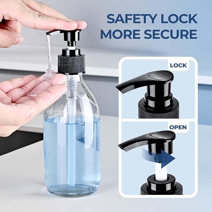 8 oz Clear Glass Pump Bottle, 250ml Small Lotion Dispenser Bottle for Body Massage Oil, Refillable Empty Hand and Dish Soap Dispensers Set with Storage Caps, Labels - 2 Pack