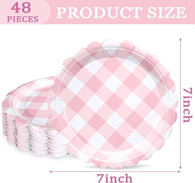 48 Pcs 7" Pink Gingham Paper Plates Light Pink & White Scalloped Checkered Party Plates, Pastel Plaid Dessert Table Supplies for BBQ Gathering Picnic Baby Shower Birthday Dinner Party Tableware