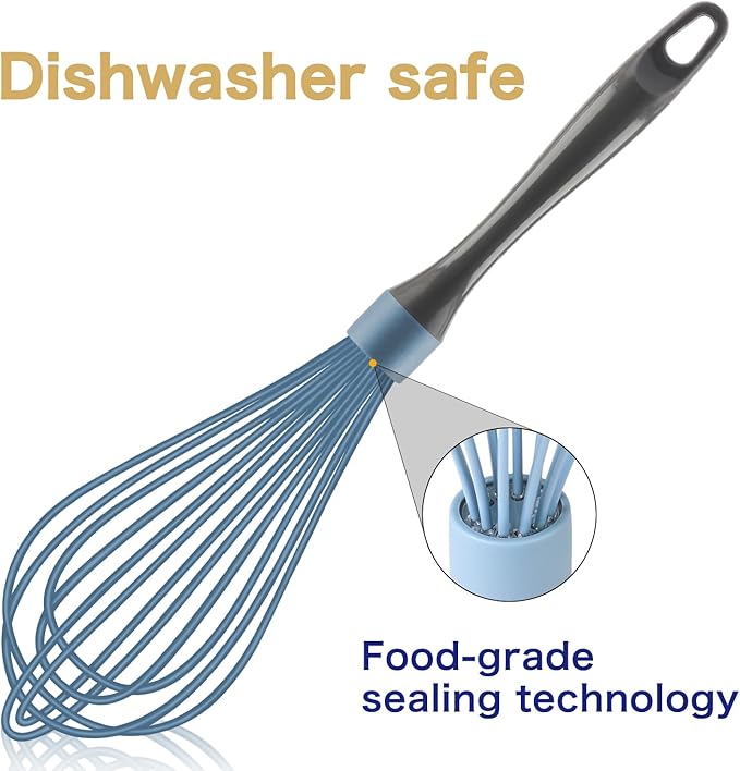 Blue Silicone Whisk, Professional Plastic Whisks for Cooking Non-Scratch, Stainless Steel & Heat Resistant Rubber Wisk, Dishwasher Safe Whisk, 12-Inch