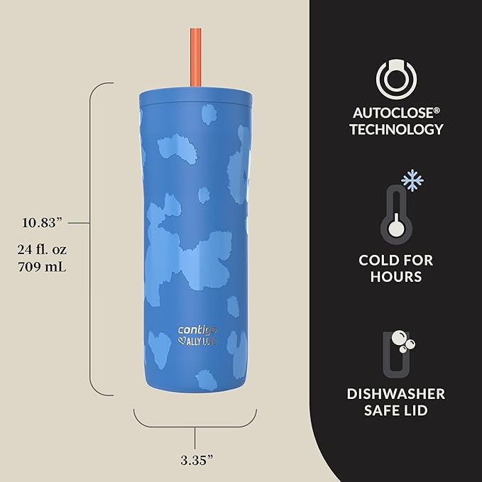 Contigo x Ally Love Streeterville Stainless Steel Tumbler with Straw, Easy Clean Lid, Leak Proof, BPA Free, 24oz, Stellar Jay