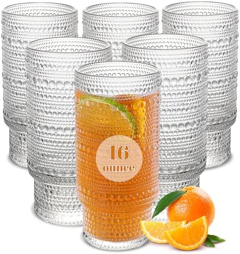 Large Capacity 16 oz Hobnail Drinking Glasses Set of 6, Vintage Glassware Drinking Glasses, Clear Water Glasses Tumbler, Cups for Kitchen, Juice, Beer, Cocktail, Whiskey