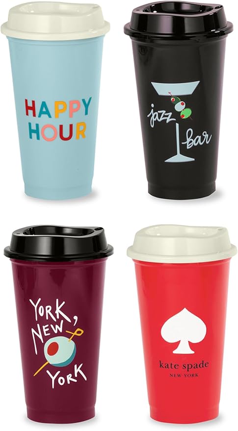 kate spade new york Reusable Coffee Cups with Lids, Travel Tumbler Set of 4, 16oz BPA-Free Plastic Cups with Lids, Coffee Mugs for Hot or Cold Drinks, Happy Hour