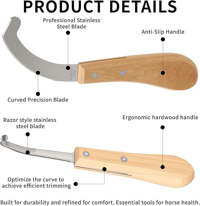 Double Edged Hoof Knife and Bot Egg Knife Set, Stainless Steel Blade with Ergonomic Wooden Handles Professional Equine Care Tools for Horses, Cattle, Goats, and Farm Livestock