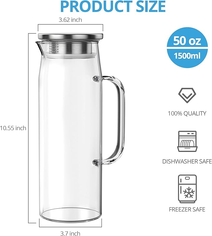 3 Sets Glass Pitcher with Lid, 50 oz / 1500 ml Water Carafe with Handles Hot Cold Beverage Water Jar Glass Jug (Stainless steel lid)