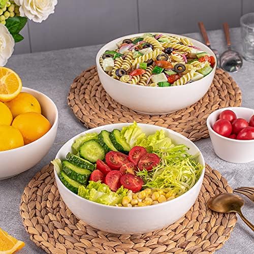 DELLING 60 Oz Large Serving Bowls Set of 3, 8 Inch White Ceramic Mixing Bowls - Soup Salad Pasta Ramen Bowls for Kitchen, Microwave Dishwasher Safe, Porcelain