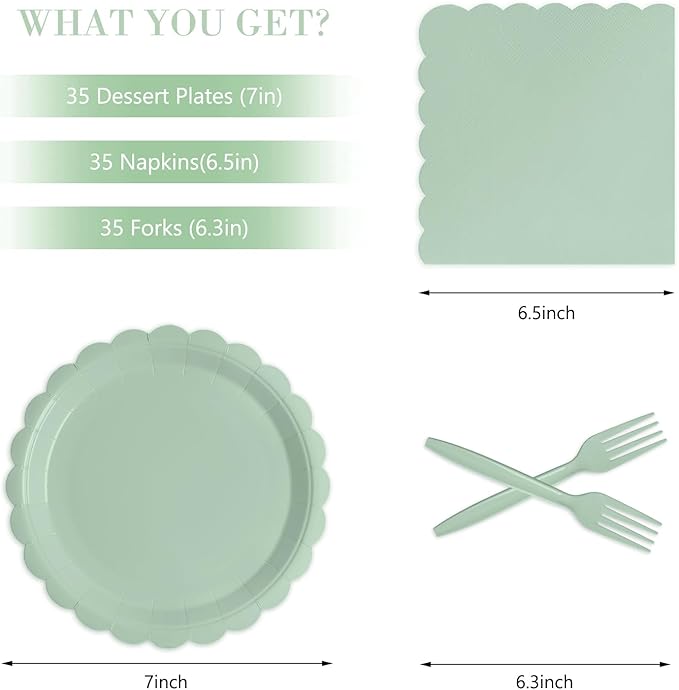105PCS Paper Plates and Napkins Set,7 Inch Scalloped Disposable Tableware with Forks for Birthdays, Garden Parties & Outdoor Events,Serves 35 (Sage Green)