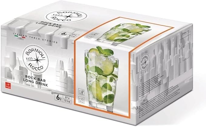 Bormioli Rocco Rock Bar Stackable Beverage, Set Of 6 Dishwasher Safe Drinking Glasses For Soda, Juice, Milk, Coke, Beer, Spirits – 12.5oz Durable Tempered Glass Water Tumblers For Daily Use