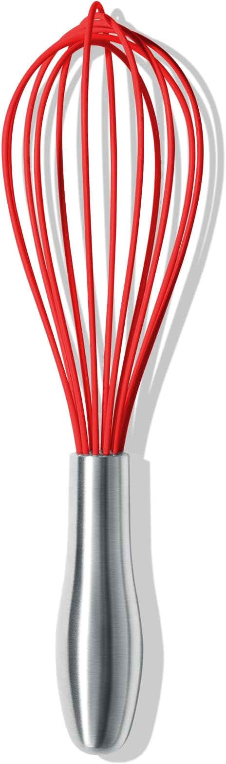 10-Inch Red Silicone Whisk, Heat Resistant 480°F Kitchen Whisk with Stainless Steel Ergonomic Handle, Non-Scratch for Nonstick Cookware, Dishwasher Safe, Perfect for Blending, Cooking & Beating