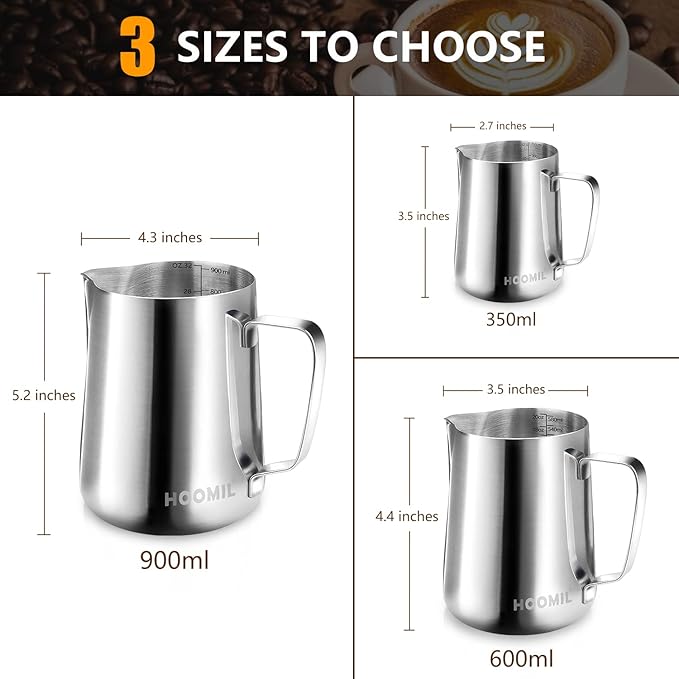 HOOMIL Milk Frothing Pitcher, 12oz/20oz/32oz Stainless Steel Steaming Pitcher Barista Milk Frother Cup Jug for Espresso Machine Coffee Cappuccino Latte Art - 12oz, Blue