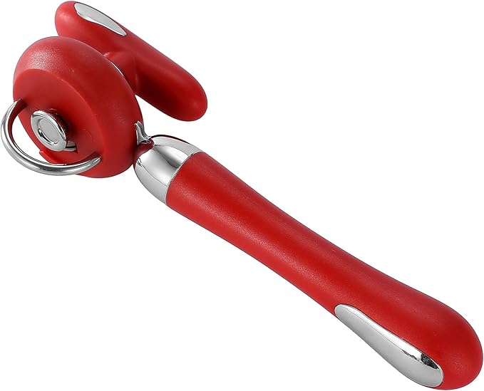 Can Opener Manual Tin Opener Stainless Steel Heavy Duty, Oversized Hand-held Easy Rotary Knob, Safe Cut Manual Can Opener with Non-Slip Handle, Smoother Cut Sharp Blade for Seniors Kitchen Tool, Red
