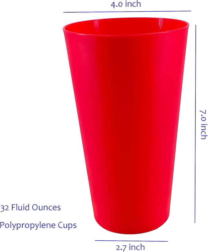 32 oz Large Plastic Cups Reusable, Big Drinking Cups for Kitchen, Stackable Water Tumblers, BPA-free, Dishwasher Safe, Unbreakable Bright Colors set of 12 Indoor Outdoor Use