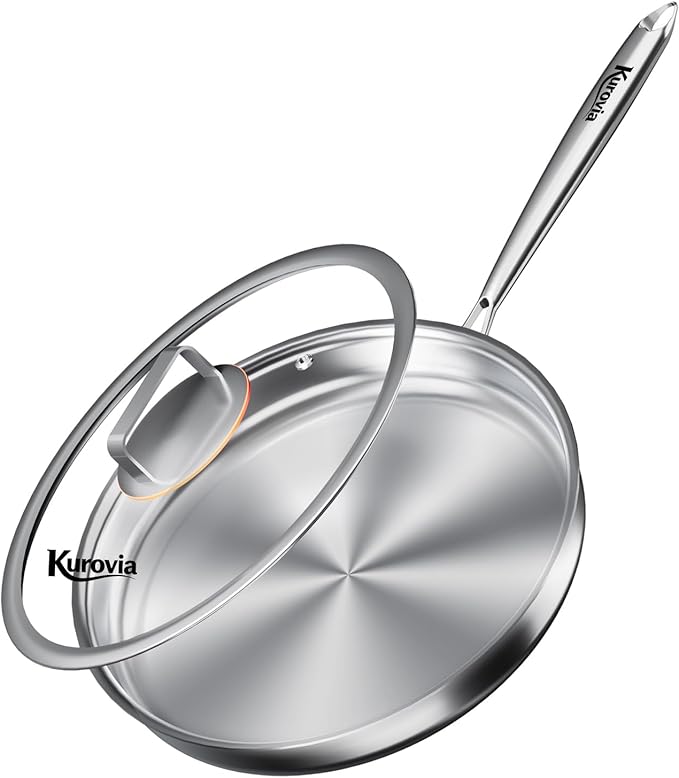 Tri-Ply Stainless Steel Frying Pan, Compatible with All Cooktops Up to 600℉, Large Frying Pan with lids, Induction-Ready Skillet, Dishwasher and Oven Safe, Even Heat (10.8 Inch)