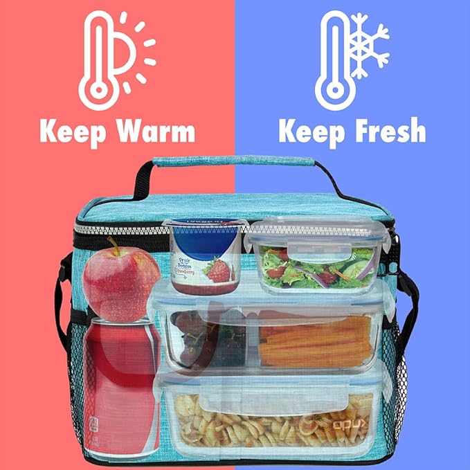 opux Insulated Lunch Bag for Men Women, Leakproof Sea Blue Lunch Box for Work, Portable Soft Lunch Cooler Bag with Shoulder Strap, Adult Lunchbox Lunch Pail for Kid Boy Girl School, 14 Can/8L