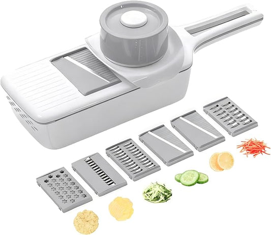Mandoline Slicer for Kitchen with Drain Box, 6-in-1 Handheld Vegetable Slicer for Salad Prep, Cucumber & Cabbage Slicer with Safety Guard, Upgraded Long Handle Veggie Slicer for Easy Cleaning