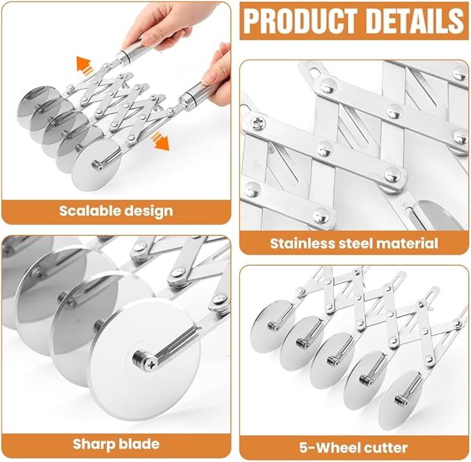 5 Wheel Pastry Cutter, Expandable Stainless Steel Dough Cutter Wheel with Handle, Baking Roller Cookie Dough Divider, Multi-Round Pastry Knife, Pizza Cutter Roller and Pie Server