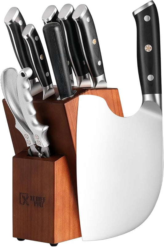9 Pieces Knife Set with Block, Hand Forged High Carbon Steel Sharp Blade Cooking Knives Set with Holder for Kitchen, Block Chef Knife Set Professional, Best Gifts for Men Women