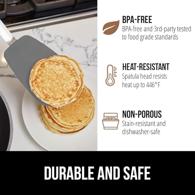 GORILLA GRIP Food Grade Flexible Silicone Spatula, 2 Pack, Heat Resistant Head for Nonstick Frying Pan, Patented Soft Rubber Handle for Comfort, Non-Scratch Kitchen Turner, Flip Eggs, 11.6 in, Gray