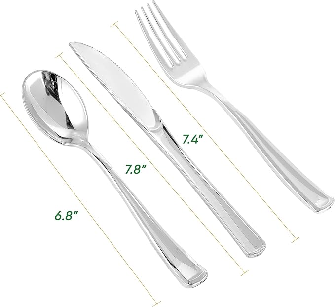 FOCUSLINE 75 Pack Silver Plastic Silverware Disposable Cutlery Set - 25 Forks Knives Spoons - Disposable Flatware Heavy Duty Plastic Utensils Set for Catering, Parties, Dinners, Weddings