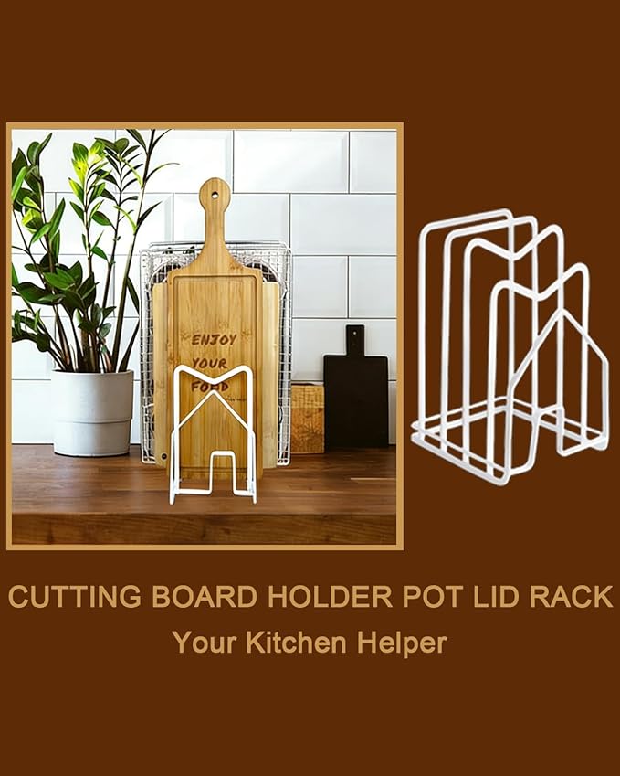 SUNFICON 2 Pack White Cutting Board Holder Rack Pot Pan Lids Holder Chopping Board Organizer Thin Bakeware Tray Dry Display Stand Kitchen Countertop Cabinet Office