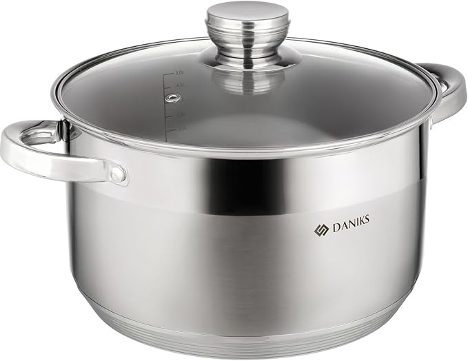 Daniks Standard 7 Quart Stainless Steel Stock Pot with Glass Lid, Try-Ply Bottom for Even Heating, Induction Compatible, Dishwasher Safe, Built-In Measuring Scale, Silver