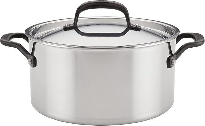 KitchenAid 5-Ply Clad Polished Stainless Steel Stock Pot/Stockpot with Lid, 6 Quart - Stainless Steel