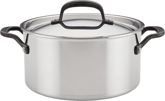 KitchenAid 5-Ply Clad Polished Stainless Steel Stock Pot/Stockpot with Lid, 6 Quart - Stainless Steel