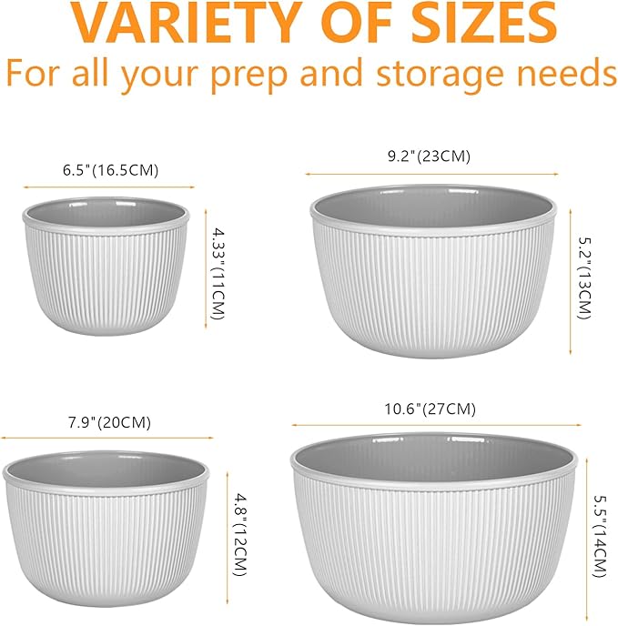 BoxedHome Nesting Plastic Mixing Bowls, BPA-Free Plastic, Microwave and Dishwasher Safe, Set of 4, 1.27/2.22/3.38/4.76quart, Grey