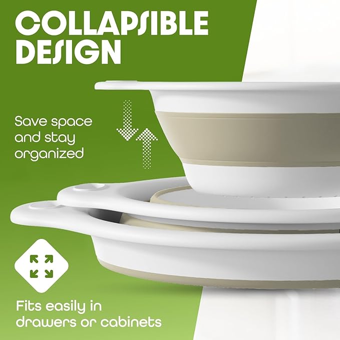 2-in-1 Large Collapsible Colander with Self-draining Base Set - Plastic Side Drain Food strainer for Edge of Kitchen Sink (Beige)