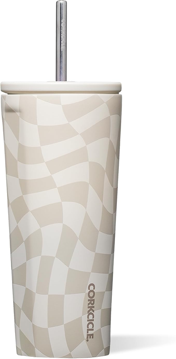 Corkcicle Cold Cup - Triple Insulated Tumbler with Straw - 12 Hours Cold - Leak-Resistant Lid - Easy Grip - Non-Slip Bottom - Summer Drinkware Gift - Keeps Drinks Ice Cold - 24 oz - Wavy Checkerboard