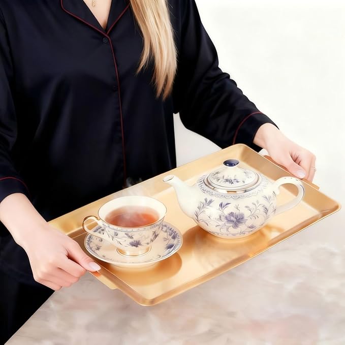 15.8" x 9.5" Large Serving Platters Set of 2, Stainless Steel Heavy-Duty Large Serving Trays, Gold Rectangular Plates for Food, Fruit, Party, Wedding, Christmas, Chip and Scratch Resistant