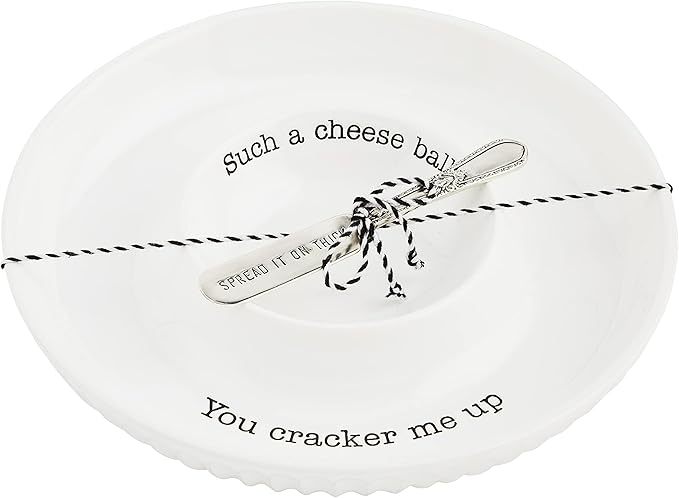 Mud Pie Circa Cheese Ball Dish Set,White, dish 1 1/2" x 9 1/2" dia | spreader 5 1/2"
