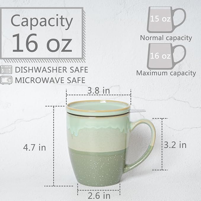 Bosmarlin Ceramic Tea Cup with Infuser and Lid, 16 Oz, 4 Colors to Choose, Dishwasher and Microwave Safe, Steeping Tea Mug with Strainer, Reactive Glaze, (Green)