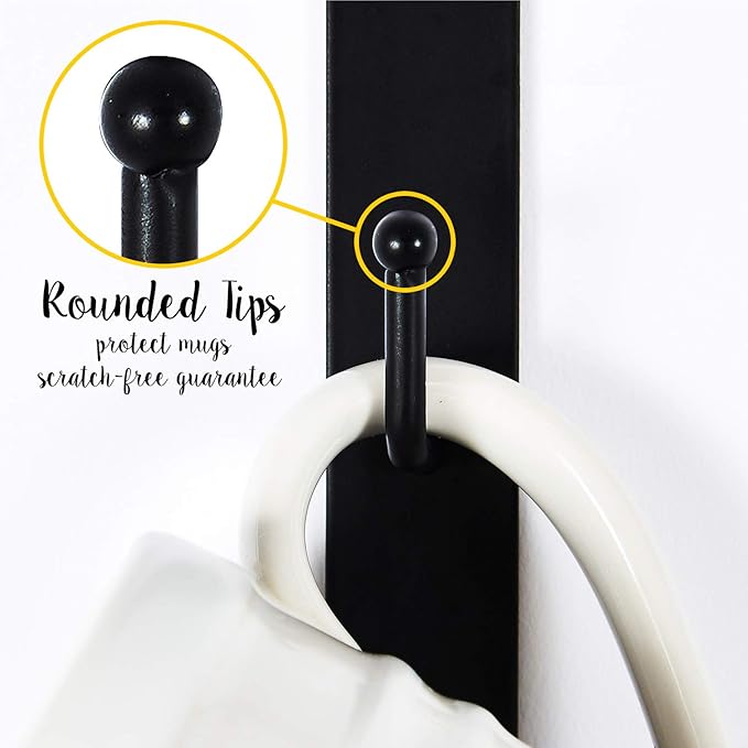 Metal Mug Rack - Holds a Dozen Cups and Mugs, Including Teacups and Mason Jars - Wall Hanging Holder