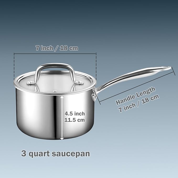 Cook N Home Stainless Steel Sauce Pan with Lid, 3 Quart 3-Ply Full Clad Small Kitchen Pot, Dishwasher & Oven Safe, Compatible w/ All Cooktops