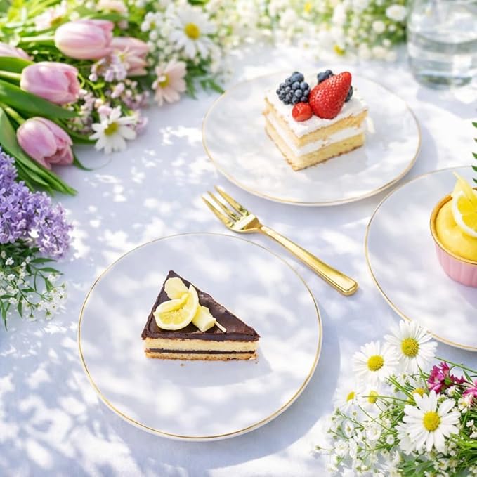 Festiva 200Pcs Gold Dessert Plates 6.3" with Forks 5"- Small Disposable Dessert/Cake/Appetizer Plates Plates- serve 100 guests include 100Plates 100Forks for Wedding &Birthday Party & Easter