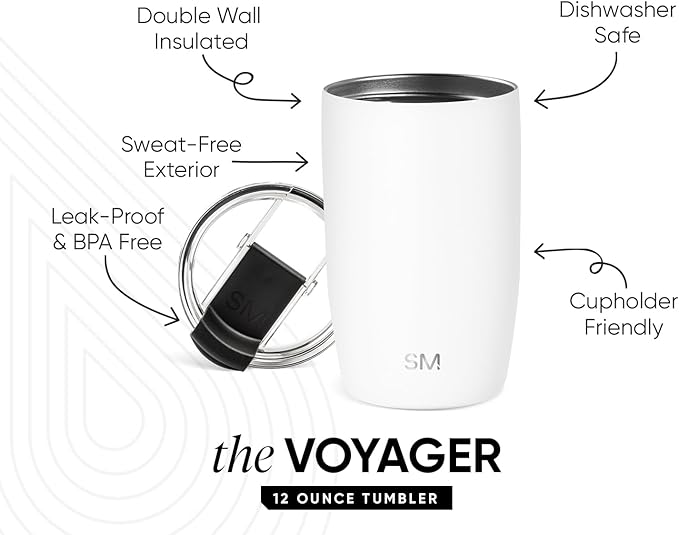 Simple Modern Voyager Tumbler with Flip Lid | Travel Coffee Mug | Insulated Stainless Steel Cold Brew Iced or Hot Coffee Cup | Gifts for Women Men Her Him | 12oz, Winter White