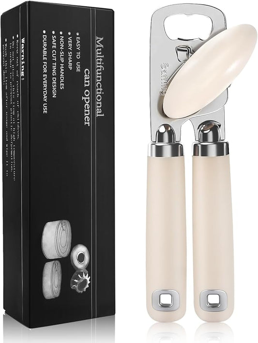 Can Opener Manual, Heavy Duty Stainless Steel Smooth Edge Can Openers With Soft Touch Handle, Oversized Handheld Easy Turn Knob, Multi-Function Bottle Opener, Beige