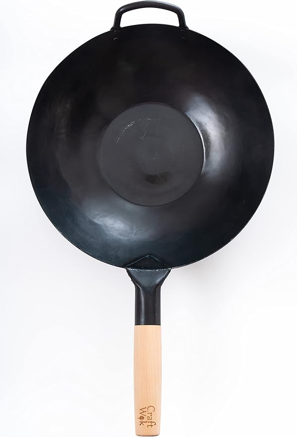 Craft Wok Black13 Flat Pre-Seasoned Hammered Carbon Steel Wok with Wooden and Steel Helper Handle (13 Inch, Flat Bottom)