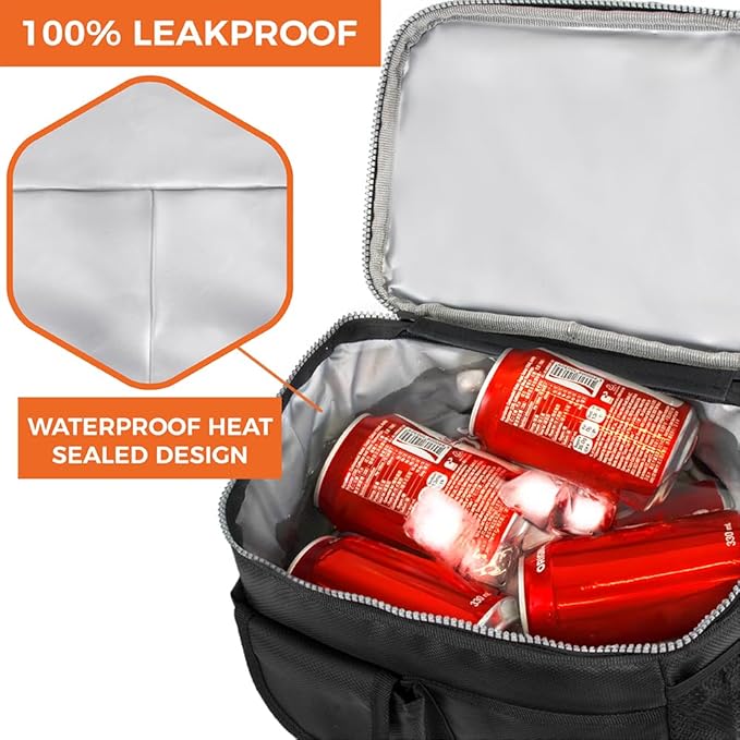 opux Insulated Lunch Bag for Men Women, Leakproof Black Lunch Box for Work, Portable Soft Lunch Cooler Bag with Shoulder Strap, Adult Lunchbox Lunch Pail for Kid Boy Girl School, 18 Can/10L