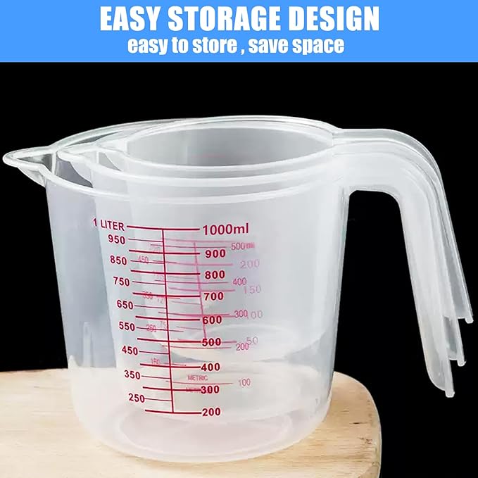 3 Pack Measuring Cup Set, Includes 250Ml (1-Cup), 500Ml (2-Cup) and 1000Ml (4-Cup) Plastic Liquid Measuring Cups- Baking, Cooking, Mixing & Measuring Cups, Essential Kitchen Tools