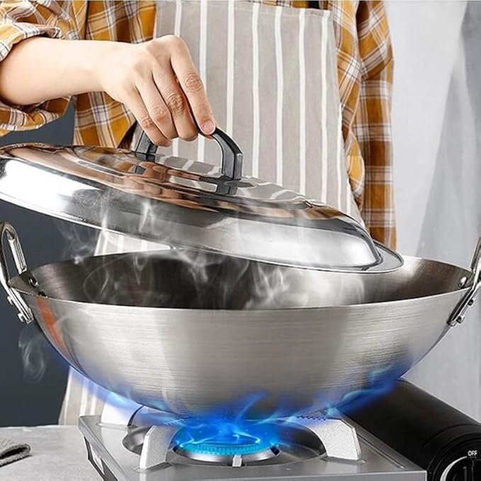 Tofficu Stainless Steel Wok 12 Inch Double Handle Round Bottom Frying Pan for Stir Fry Cooking Chinese Kitchen Use