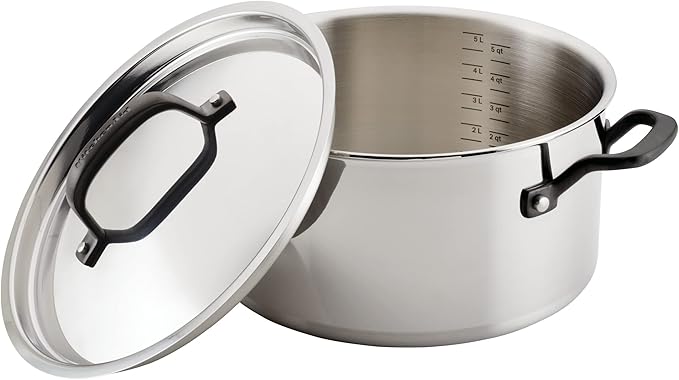 KitchenAid 5-Ply Clad Polished Stainless Steel Stock Pot/Stockpot with Lid, 6 Quart - Stainless Steel