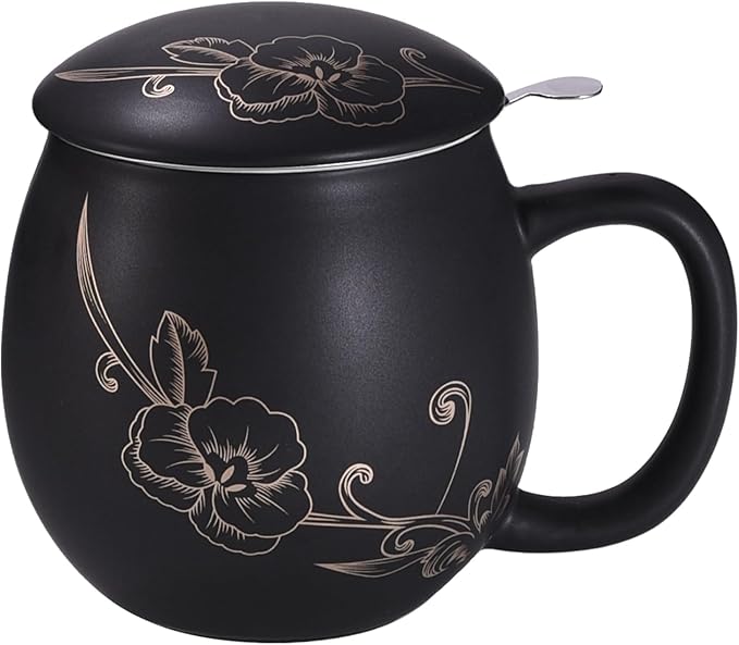 Yundu 12 OZ Ceramic Mug with Lid & Tea Strainer - Matte Black Tea Cup with Golden Flower, Stainless Steel Infuser for Loose Leaf Tea