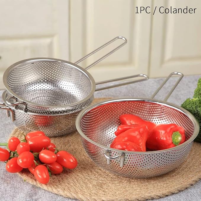 Stainless Steel Colander with Handle, Fine Mesh Strainer Kitchen Food Strainer, Large Metal Colander Great for Pasta, Noodles, Vegetables and Fruits(COLOR:silver)