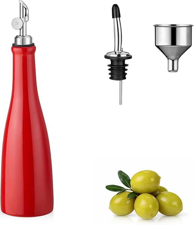 YOLIFE Olive Oil Dispenser Bottle, 16oz Ceramic Oil Dispenser for Kitchen, Oil Bottle with Gravity Spout, Leak Proof EVOO Dispensing Bottle with 2 Spouts and 1 Funnel for Vinegar, Juice(Red)